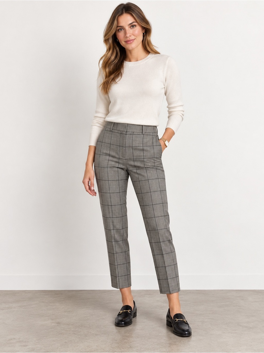 Banana Republic Ryan Windowpane Wool Blend Crop Pants Gray Petite 8P Classic